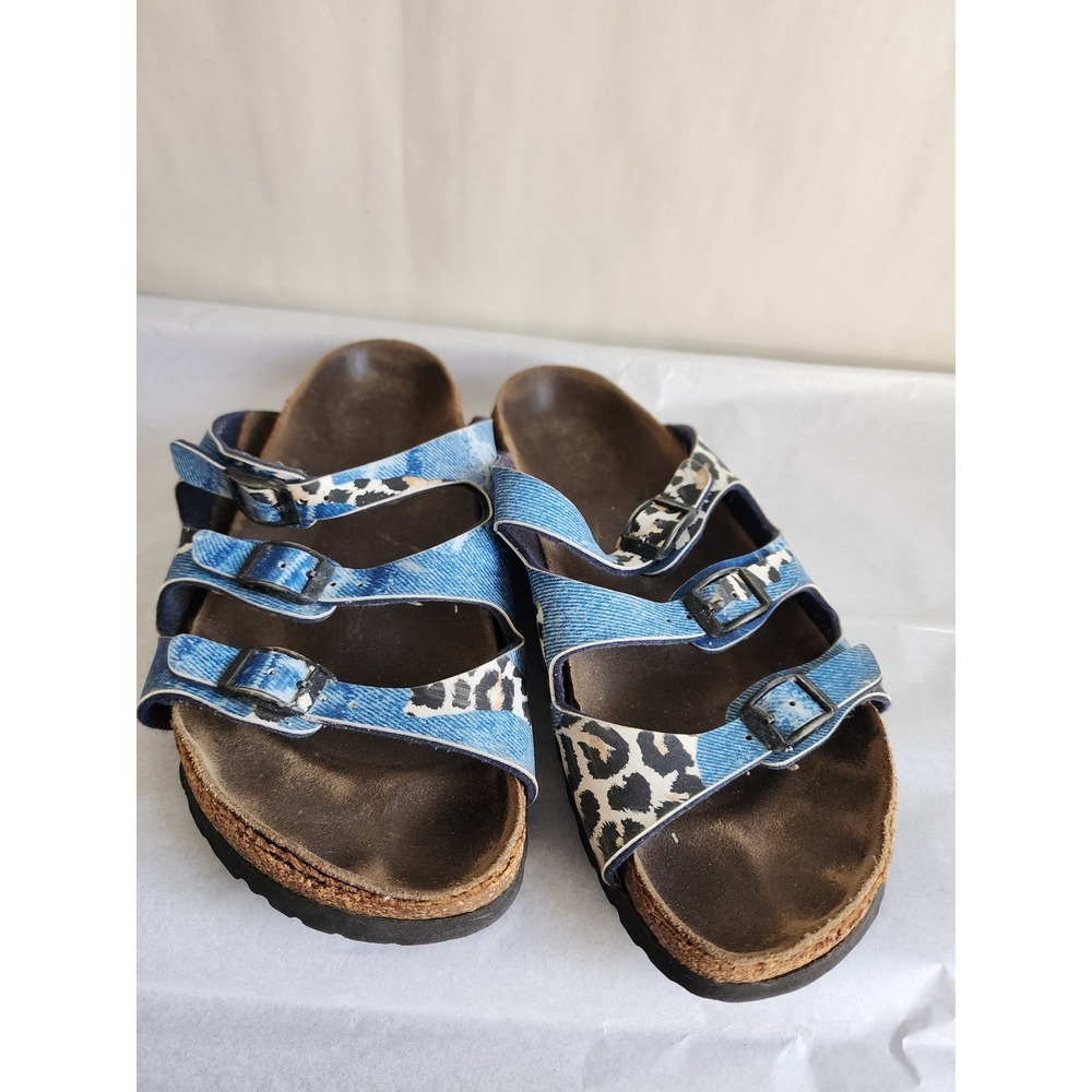 Papillio by Birkenstock Florida Sandals Denim Leopard Print 3-Strap Slides 39